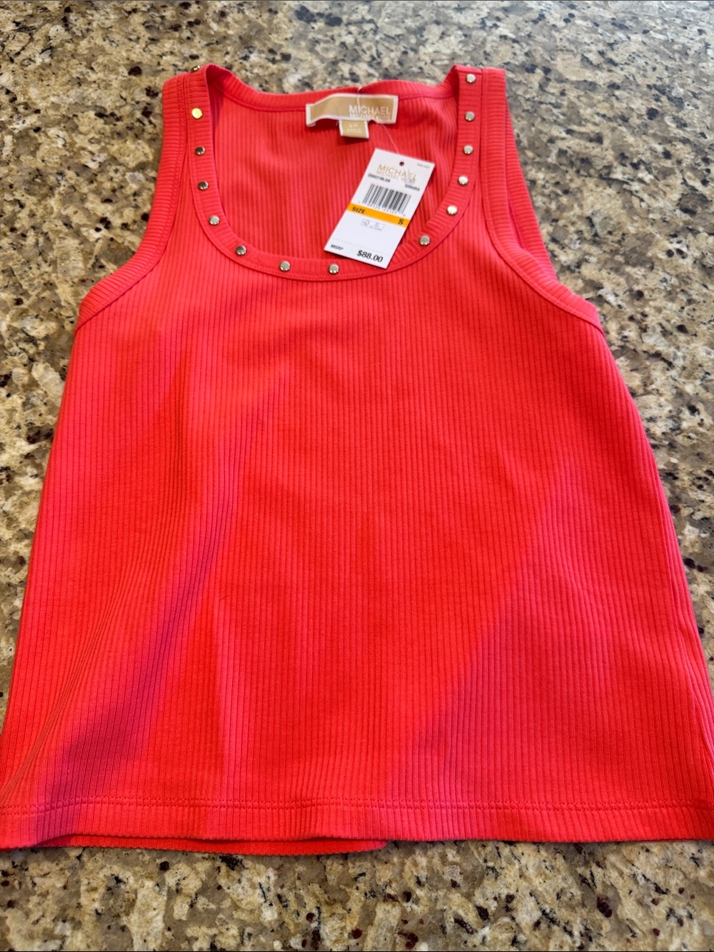 Michael Kors Bright Coral Ribbed Tank with Gold Studs Size S NWT
